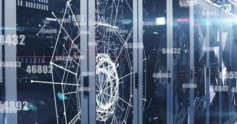 Displaying server cabinets showcasing node-graph overlay in data center aisle, 库存照片