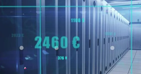 Displaying server cabinets stretching down data center aisle, with floating neon Stock Photos