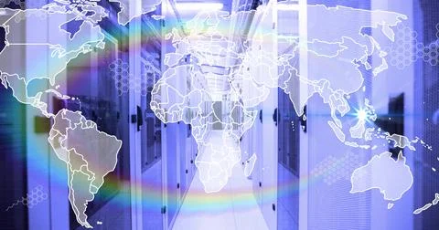 Displaying server corridor extending under cool lighting with network cables, Stock Photos