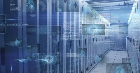 Displaying server rack aisle in data center corridor, with status LEDs and Stockfoto's