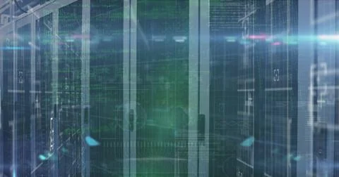 Displaying server rack aisle in data center corridor, with blinking LEDs and  Foto stock