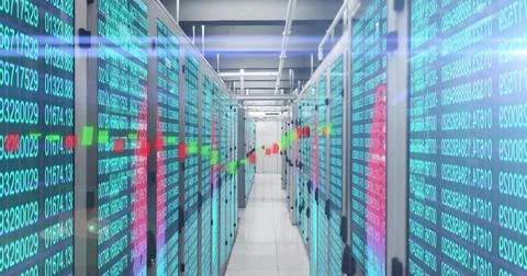 Displaying server rack aisle glowing with cyan numeric streams at data center, Illustrazione stock