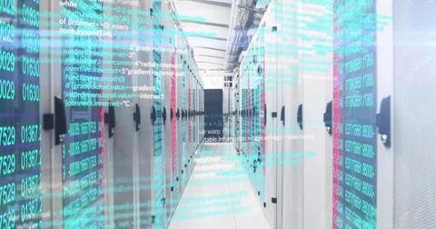 Displaying server rack aisle running through data center, with LED lights and 写真素材