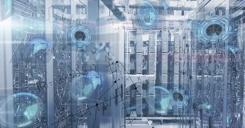 Displaying server rack aisle stretching into distance in data center, with LED Stock Photos