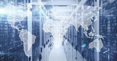 Displaying server rack aisle under bluish LEDs, with world map overlay and Foto stock