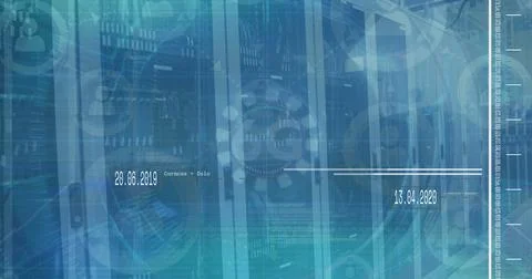 Displaying server rack array in data center, with binary code, timeline bars and Stock Illustration