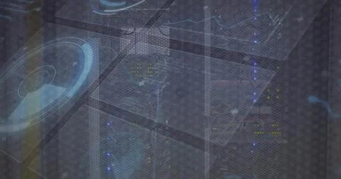 Displaying server rack assembly in data center, with holographic analytics ov Stock Photos