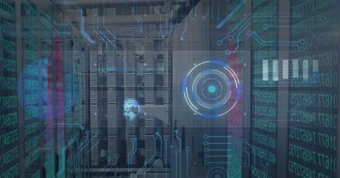 Displaying server rack bank projecting holographic HUD overlay in server room, Foto stock
