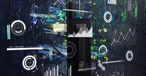 Displaying server rack behind hex mesh panel in data center with cables, lights Stock Illustration