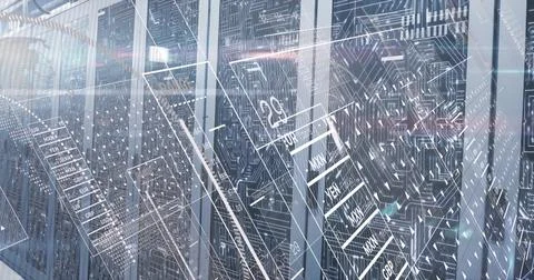 Displaying server rack cabinets glowing with LED lights in data center room,  Stockillustratie