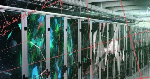 Displaying server rack cabinets glowing green in server room, with cable trays, Stock Photos