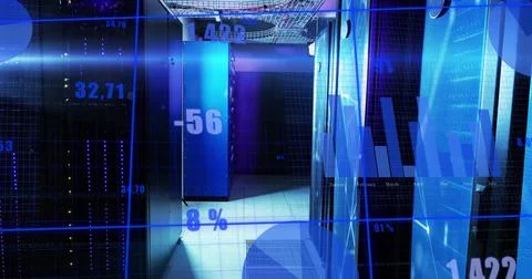 Displaying server rack cabinets glowing with blue LEDs in data center room, with Stockfoto's