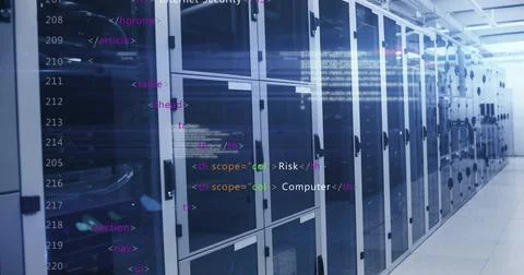 Displaying server rack cabinets with LED lights in data center corridor, with Stock Photos