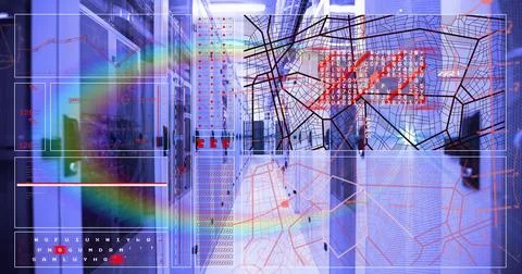 Displaying server rack cabinets projecting network topology overlays in narrow Stockfoto's