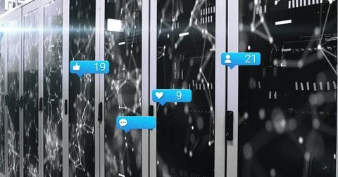 Displaying server rack cabinets showing blinking LEDs in data center aisle, with Stock Illustration