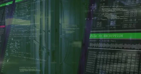 Displaying server rack with cables in data center, showing green code and enc 스톡 사진