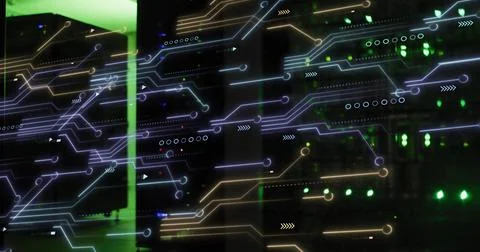 Displaying server rack cluster flashing LED lights inside data center, with 스톡 일러스트