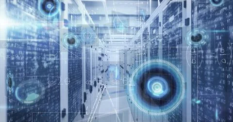 Displaying server rack corridor showing digital overlay in data center, blinking Stock Photos