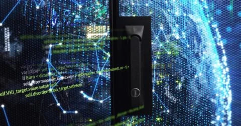 Displaying server rack door handle and keyhole in datacenter, with LED and Stock Illustration