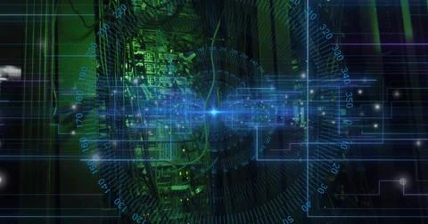Displaying server rack with green LEDs projecting HUD in data center, featuring Stock Illustration