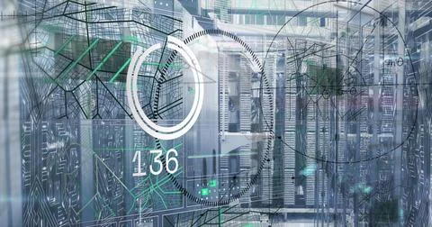 Displaying server rack with holographic network overlays in data center, with Stock Photos