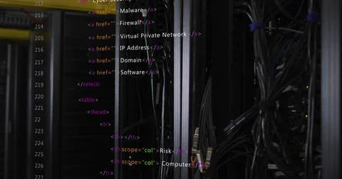 Displaying server rack hosting cables, RJ45 connectors in data center with HTML Stock Photos
