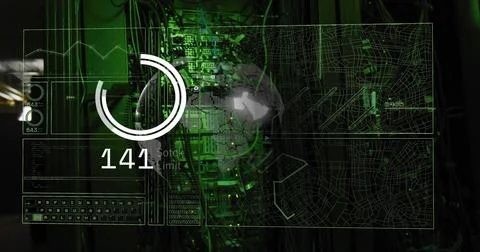 Displaying server rack pulsing green LEDs in data center, showing bundled Stock Illustration