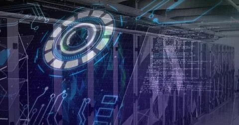 Displaying server rack row pulsing with holographic UI overlays in data center Stock Illustration