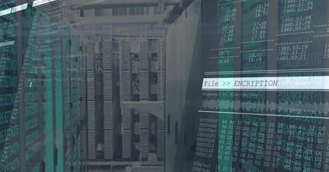 Displaying server rack showing blade servers, cables in data center, overlaying Stock Photos
