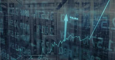 Displaying server racks and cables in corridor, overlaying financial graph arrow Illustrazione stock