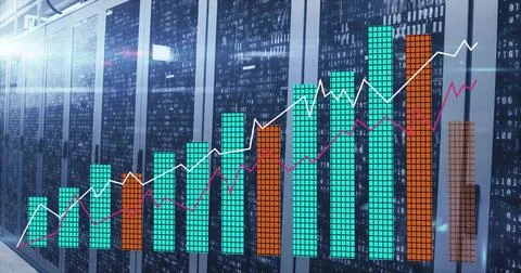Displaying server racks with bar chart overlays, trend lines, LEDs and cabling Stock Photos