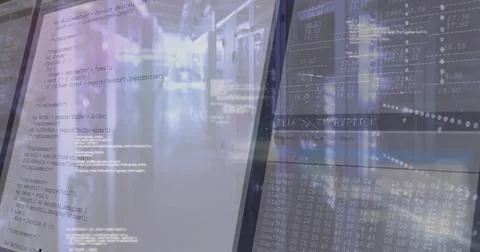 Displaying server racks with blinking LEDs in data center corridor showing code Stock Illustration