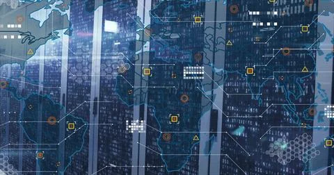 Displaying server racks with blinking LEDs in data center aisle, with digital 写真素材