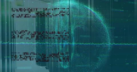 Displaying server racks cables LEDs in data center projecting digital sphere and 스톡 일러스트