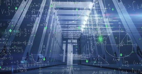 Displaying server racks in data center corridor, with holographic equations and Stock Photos