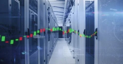 Displaying server racks in data center corridor showing LEDs and network cables Stock Photos