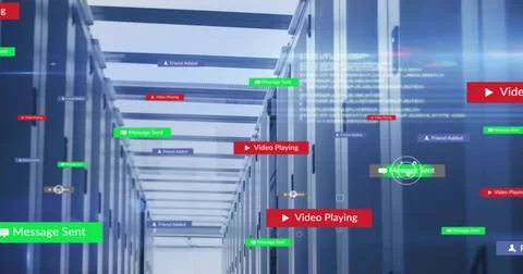 Displaying server racks in data center, streaming code and floating colored Foto stock