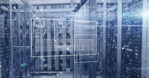 Displaying server racks with digital overlay in data center aisle, showing LEDs Stock Photos