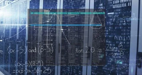 Displaying server racks featuring floating code tables, graphs and formulas in 写真素材