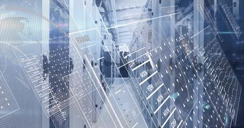 Displaying server racks featuring LEDs and cables in data center corridor, Stock Photos
