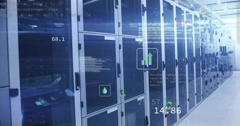 Displaying server racks in glass-doored cabinets lining data center corridor, Stock Photos