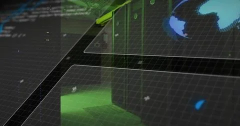 Displaying server racks glowing with green LED lighting in data center, with Stock Illustration