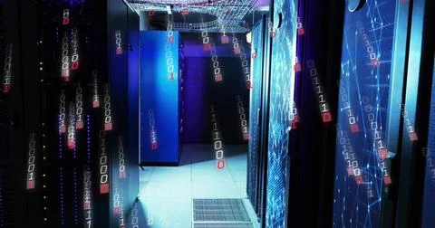 Displaying server racks glowing with LEDs in data center aisle, showing binary Stock Photos