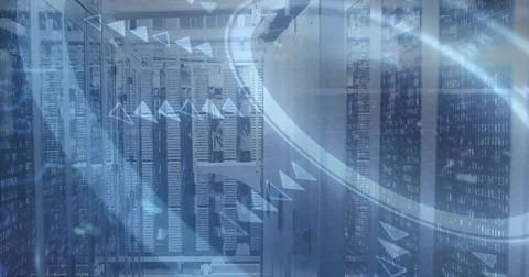 Displaying server racks glowing with LEDs and patch cables in data center aisle, Stock Photos