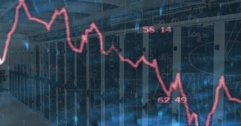 Displaying server racks humming in data center room, with LED lights and red 写真素材