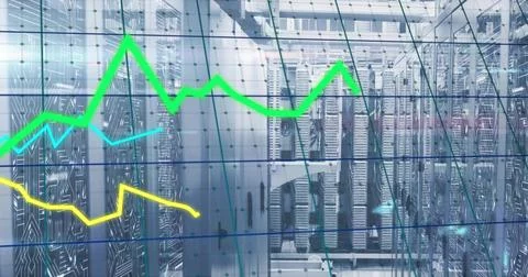 Displaying server racks humming inside data center, showing overlay green yellow Stock Photos