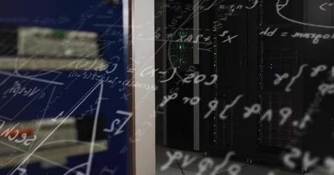Displaying server racks inside server room corridor, with blinking LEDs, 스톡 사진