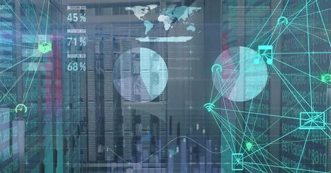Displaying server racks with LED lights and cabling in data center, with Stock Illustration