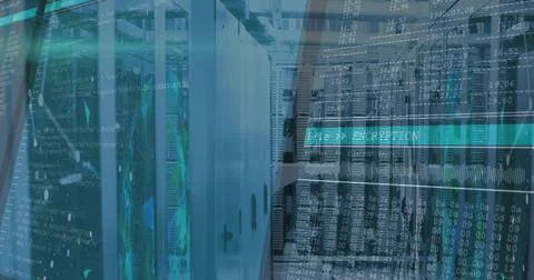 Displaying server racks with LEDs and cable bundles in data center aisle, sho 写真素材