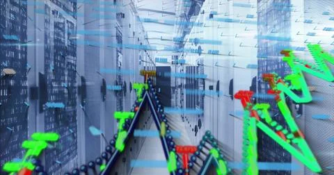 Displaying server racks lining data center corridor with binary code panels, Stock Photos